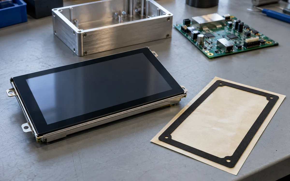 Elektronische Baugruppe mit Display, Gehäuse und Kleberahmen