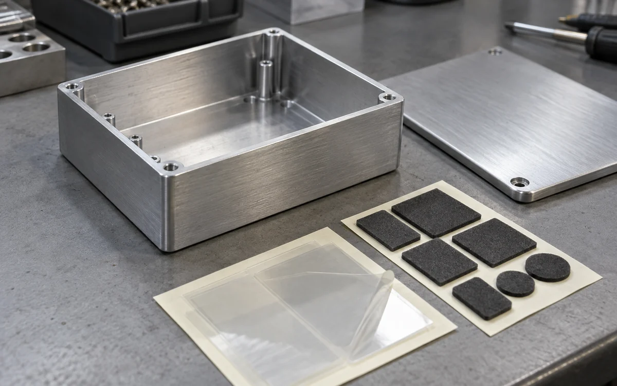 Metallgehäuse mit Montagepads und technischen Folien auf einer Werkbank
