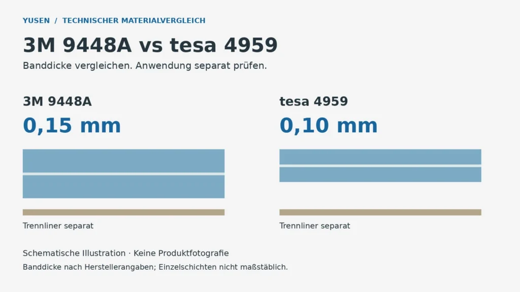 Schematischer Dickenvergleich: 3M 9448A 0,15 mm und tesa 4959 0,10 mm, jeweils mit separat dargestelltem Trennliner.