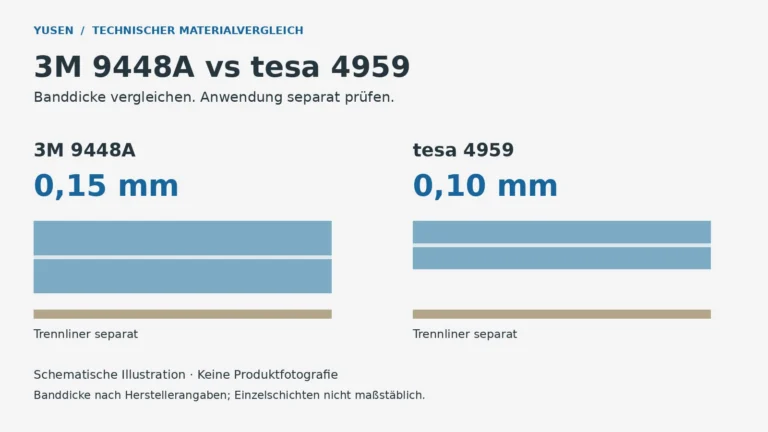 Schematischer Dickenvergleich: 3M 9448A 0,15 mm und tesa 4959 0,10 mm, jeweils mit separat dargestelltem Trennliner.